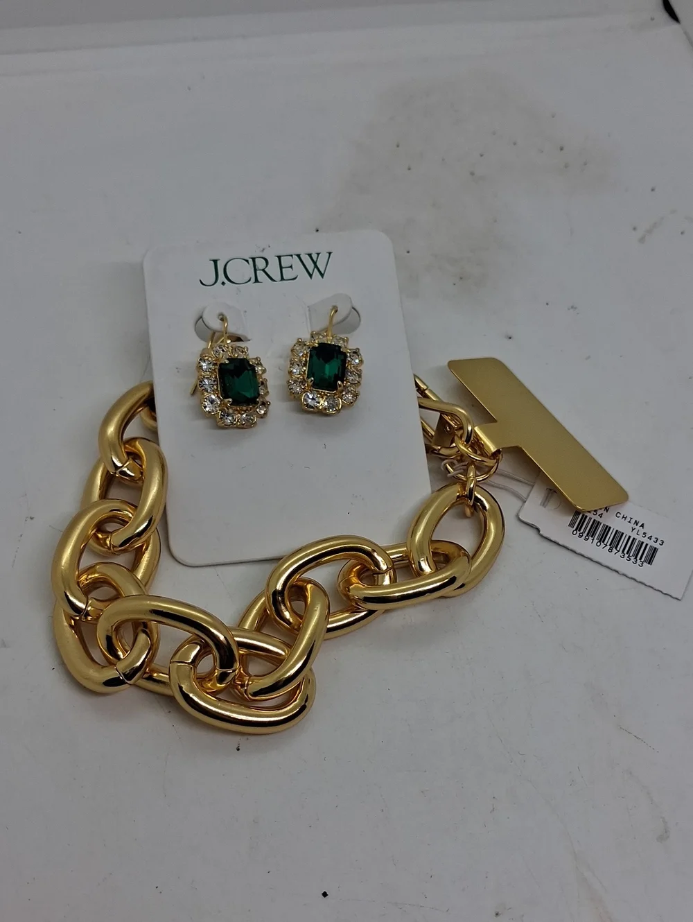 NWT J. Crew Gold Link Bracelet with Emerald Green Crystal Halo Earrings